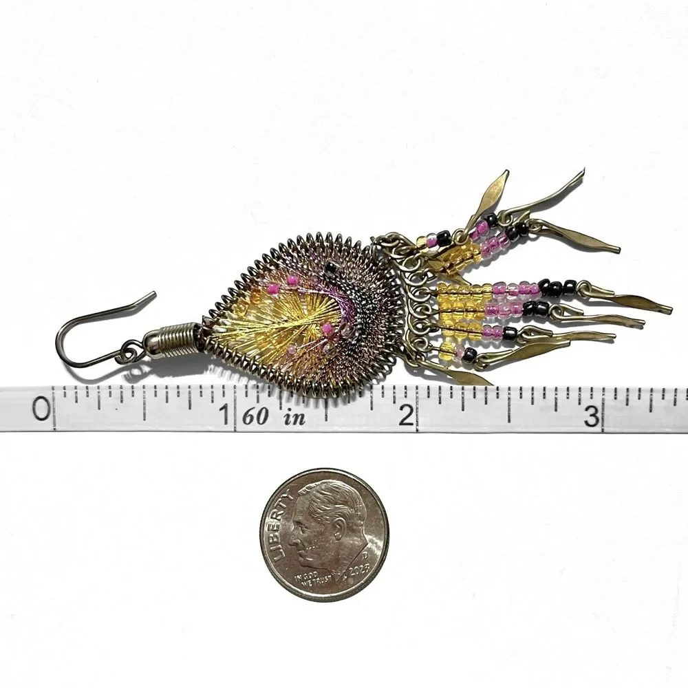 VTG Dreamcatcher Earrings Woven Teardrop Silver Tone Dangle Chandelier 3.5